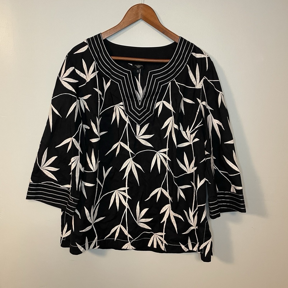 Talbots 16W Pullover Top Blouse Cotton‎ Embroidery Bamboo Leaves Black & White